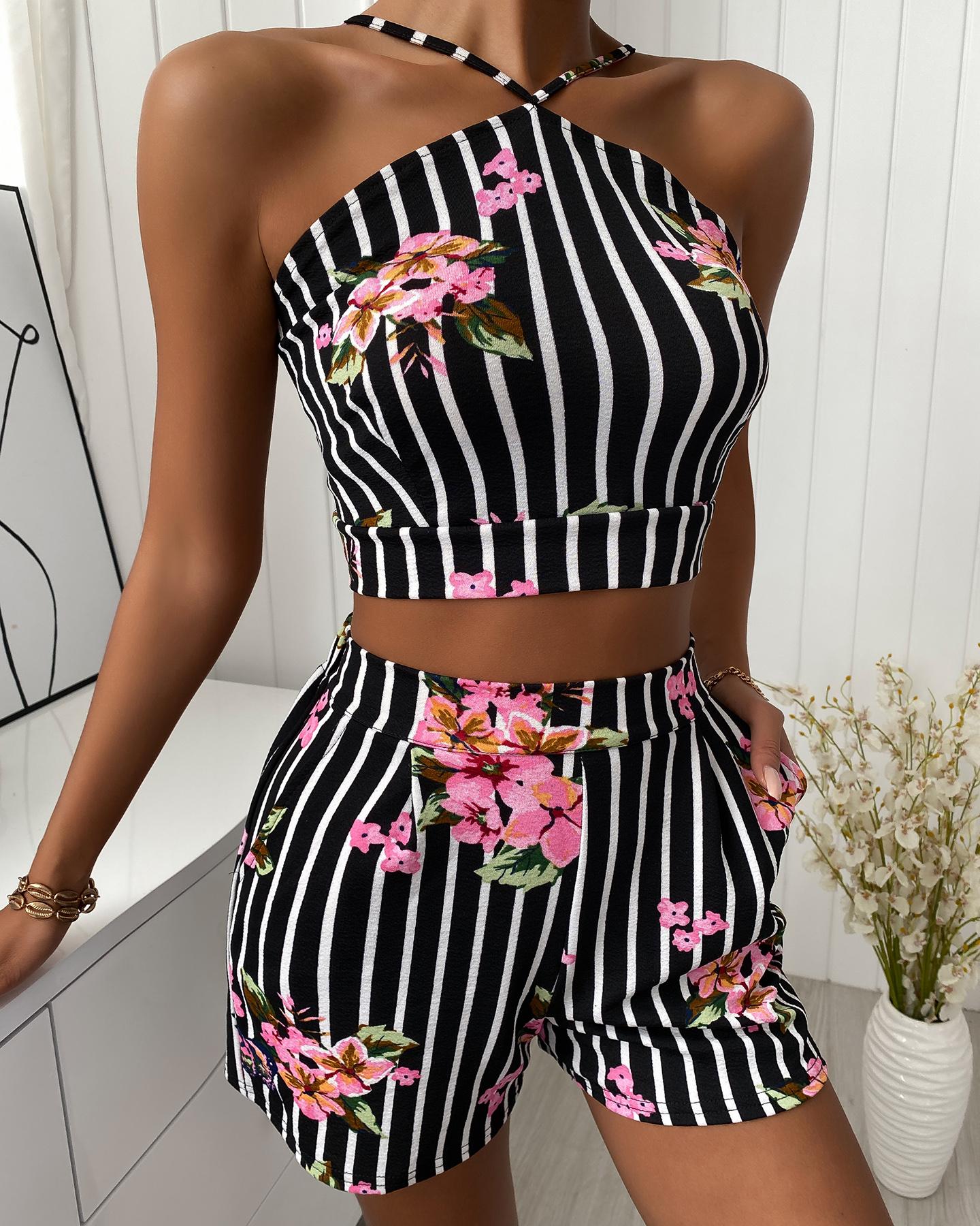 

Halter Backless Floral Print Striped Crop Top & Shorts Sets, Multicolor