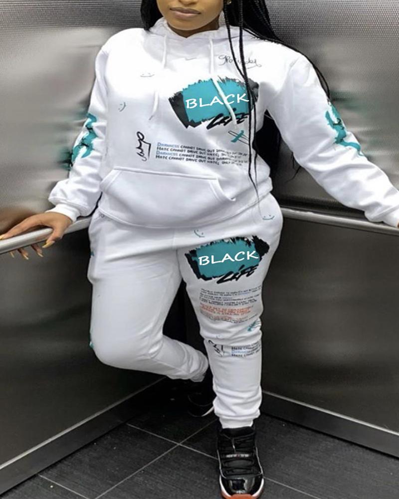 

Plus Size Letter Print Long Sleeve Hoodie & Pants Set, White