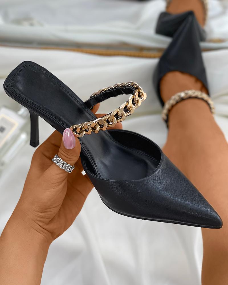 

Chain Strap Pointed Toe Stiletto Mule Heels, Black