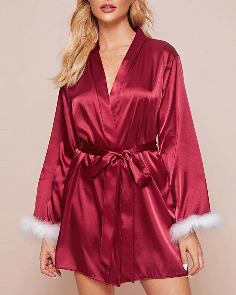 

Tied Detail Satin Open Front Feather Decor Robe, Wine red