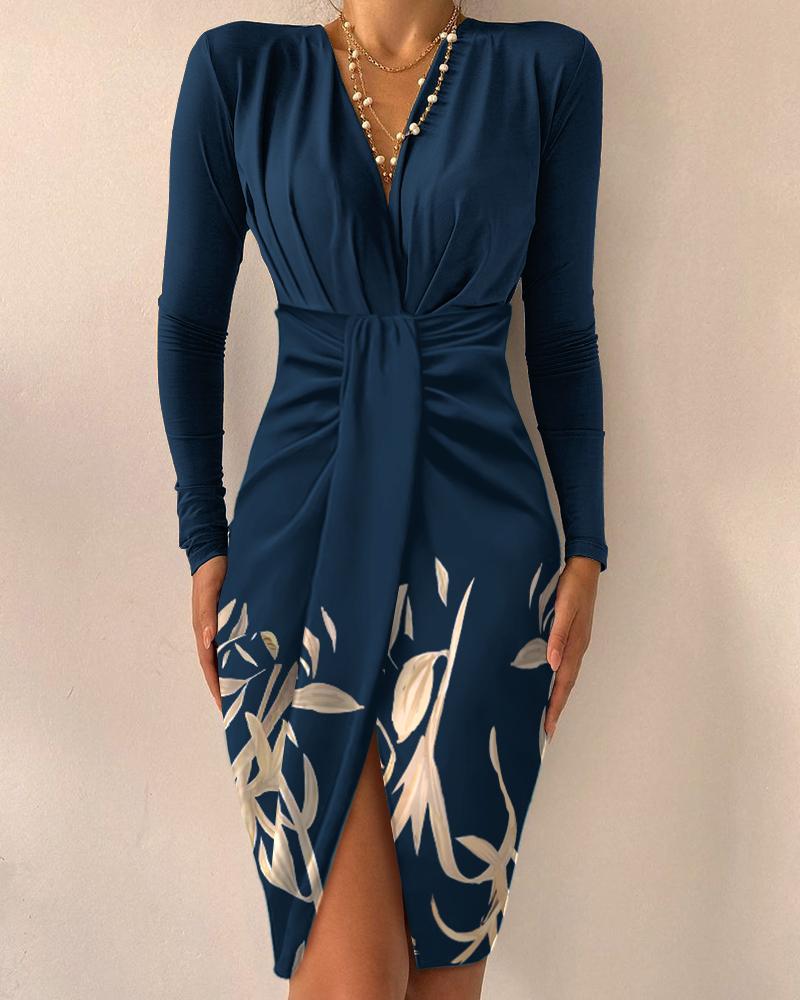 

Leaf Print Long Sleeve Ruched Bodycon Dress, Purplish blue