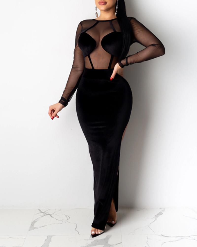 

Velvet Sheer Mesh Patch High Slit Party Dress, Black
