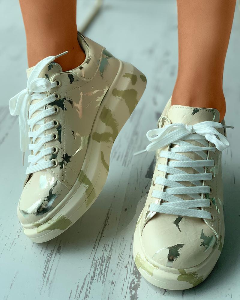 

Abstract Print Lace-up Flatform Sneaker, Beige