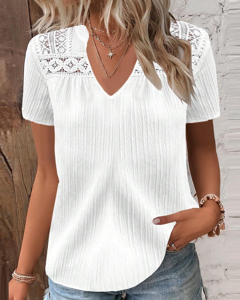 

Lace Patch Short Sleeve Textured Top, White