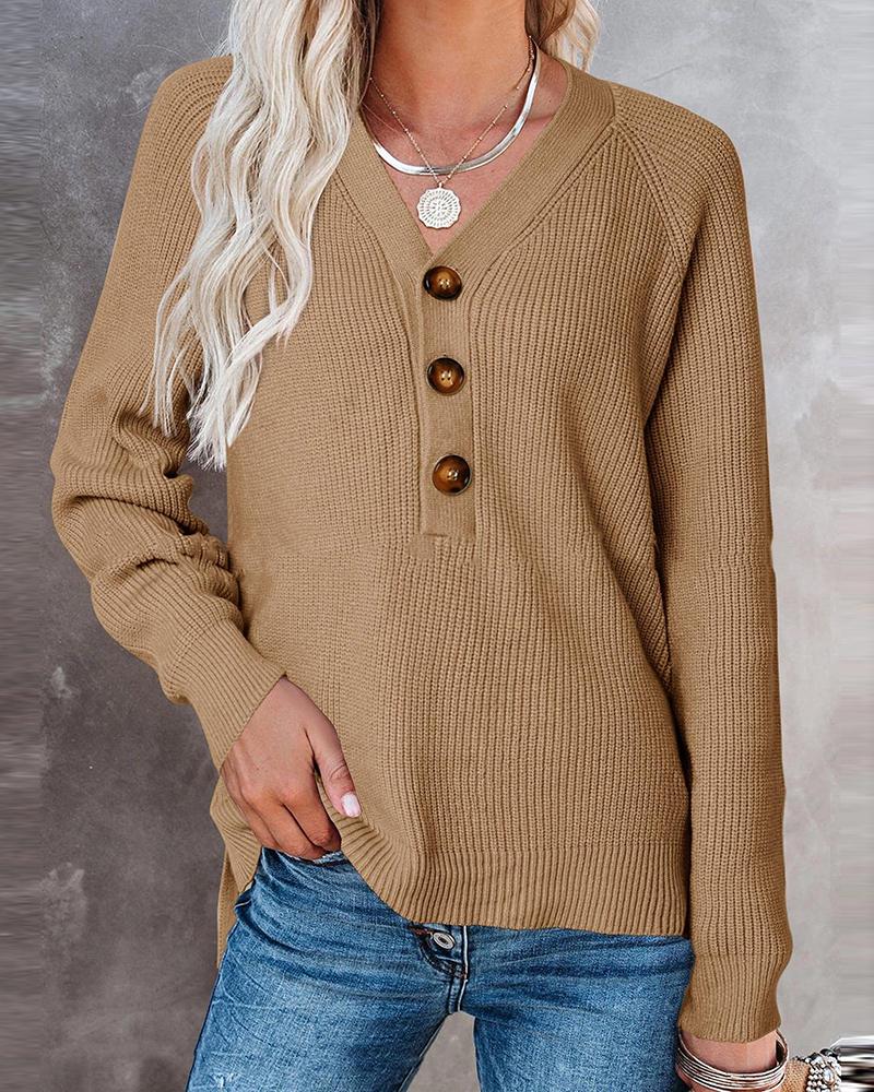 

Long Sleeve V Neck Button Design Knit Sweater, Khaki