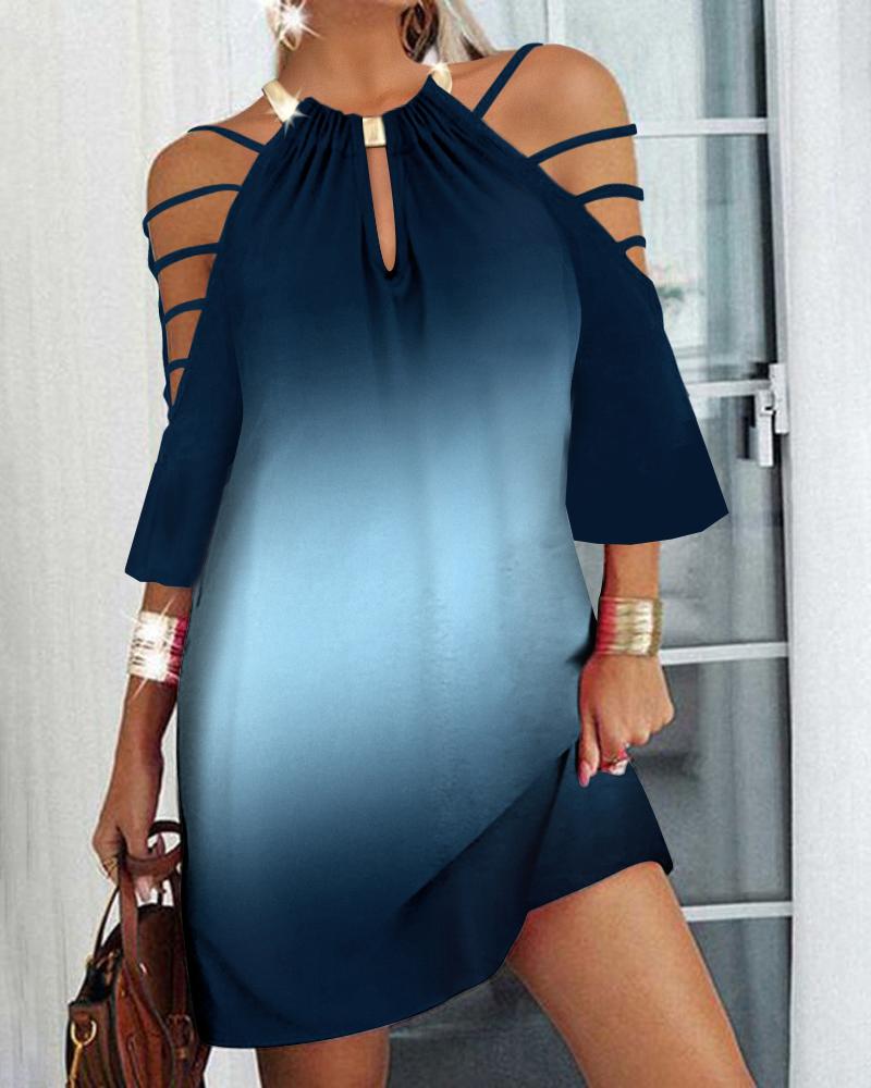 

Ombre Metal Decor Cold Shoulder Casual Dress, Blue
