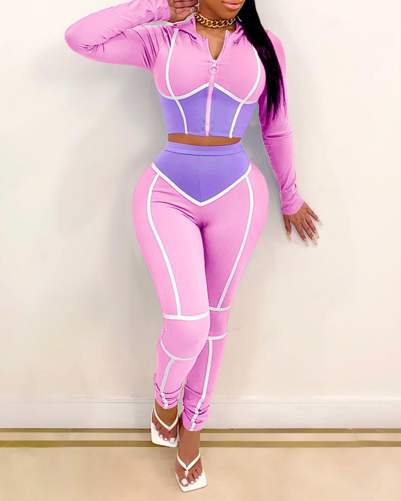 

Colorblock Bustier Hooded Top & High Waist Pants Set, Pink