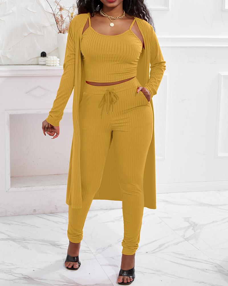 

3PCS Ribbed Cami Top & Pants Set With Longline Coat, Yellow