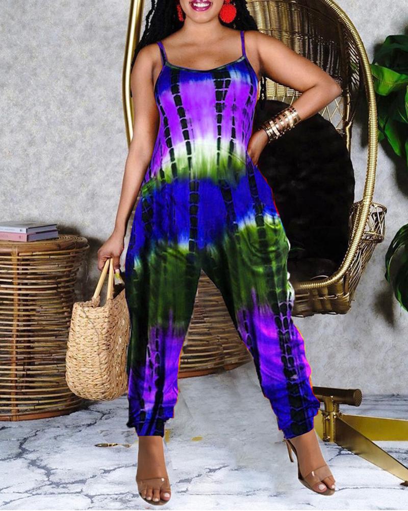 

Tie Dye Print Pocket Design Casual Jumpsuit, Purple