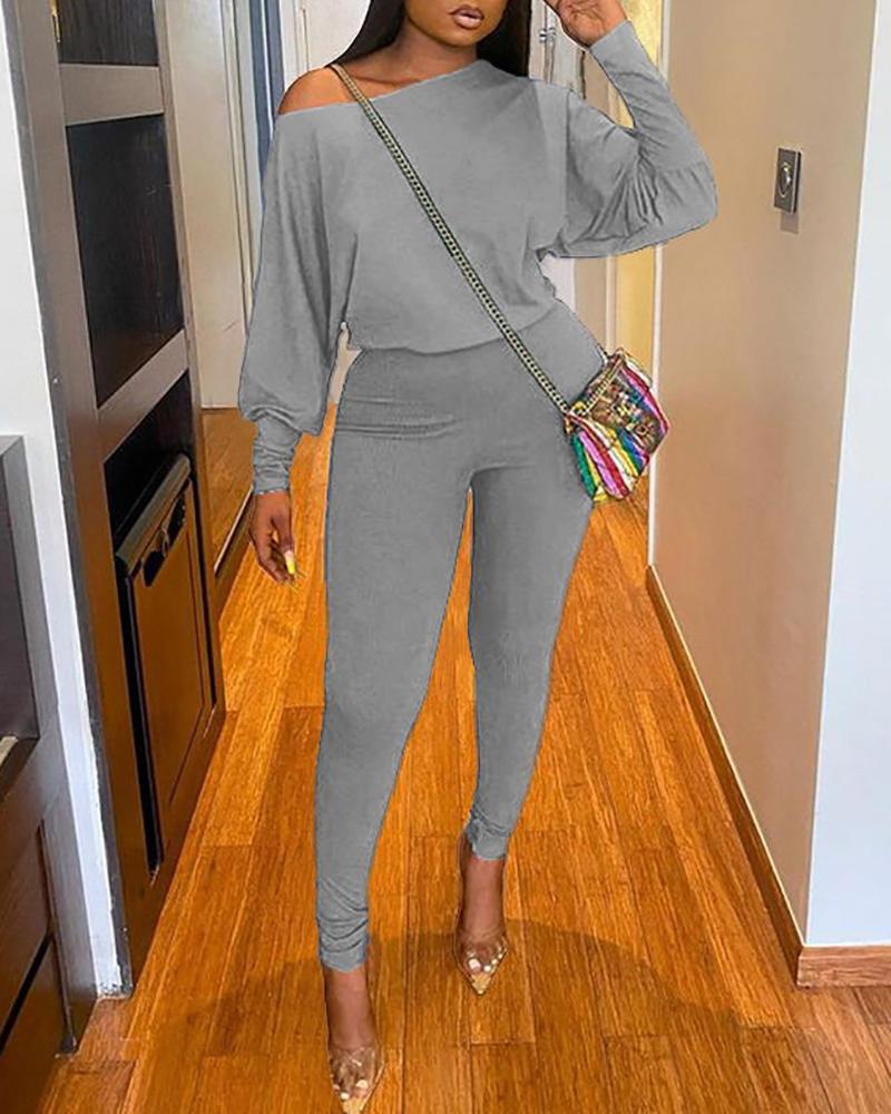 

Round Neck Lantern Sleeve Top & Pants Set, Gray