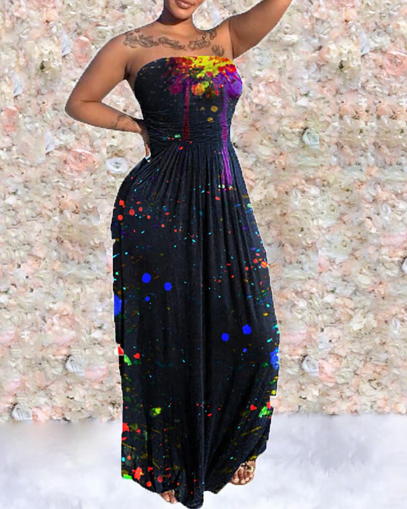 

Ink Splash Print Bandeau Ruched Maxi Dress, Black