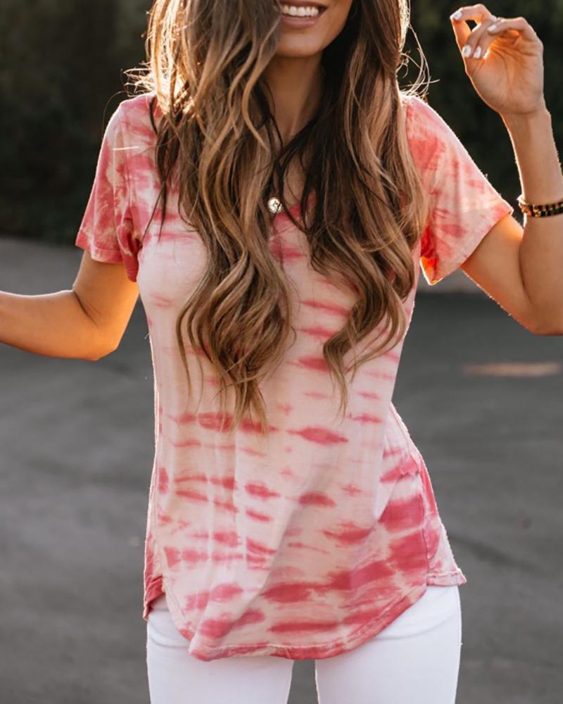 

Tie Dye Print V-neck Casual T-shirt, Pink