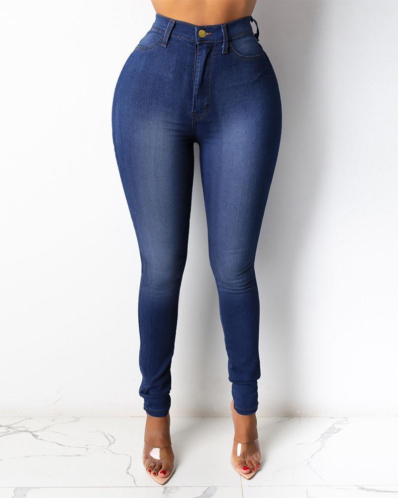 

Zipper Fly High Waist Skinny Jeans, Dark blue