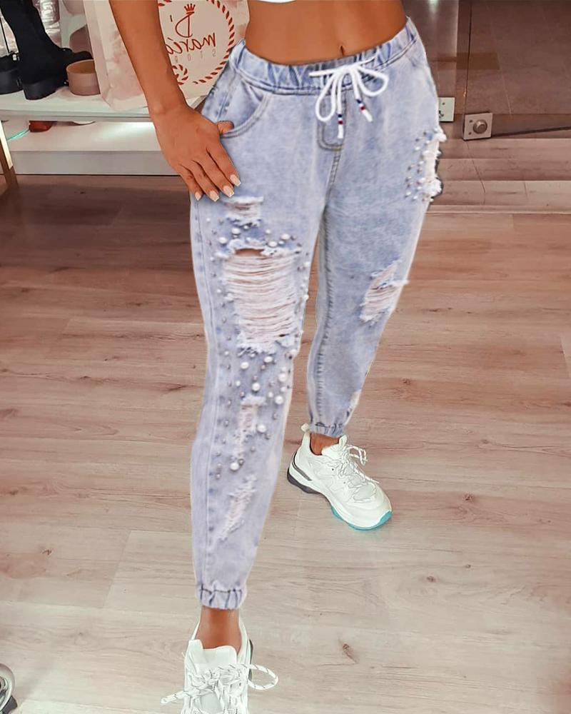 

Beaded Ripped Cutout Denim Pants, Lighted blue