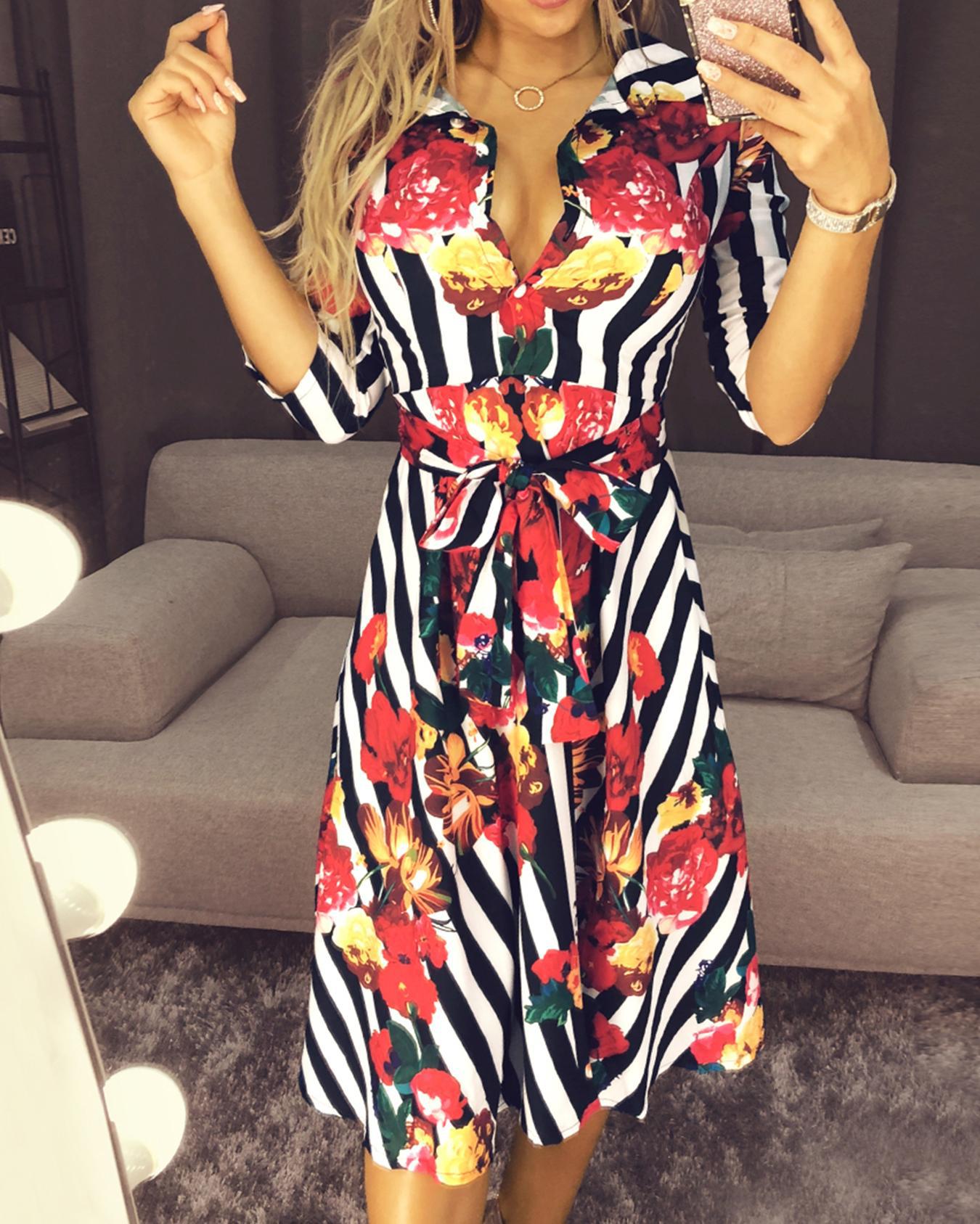 

Floral & Striped Print Half Sleeve Shirt Dress, Multicolor