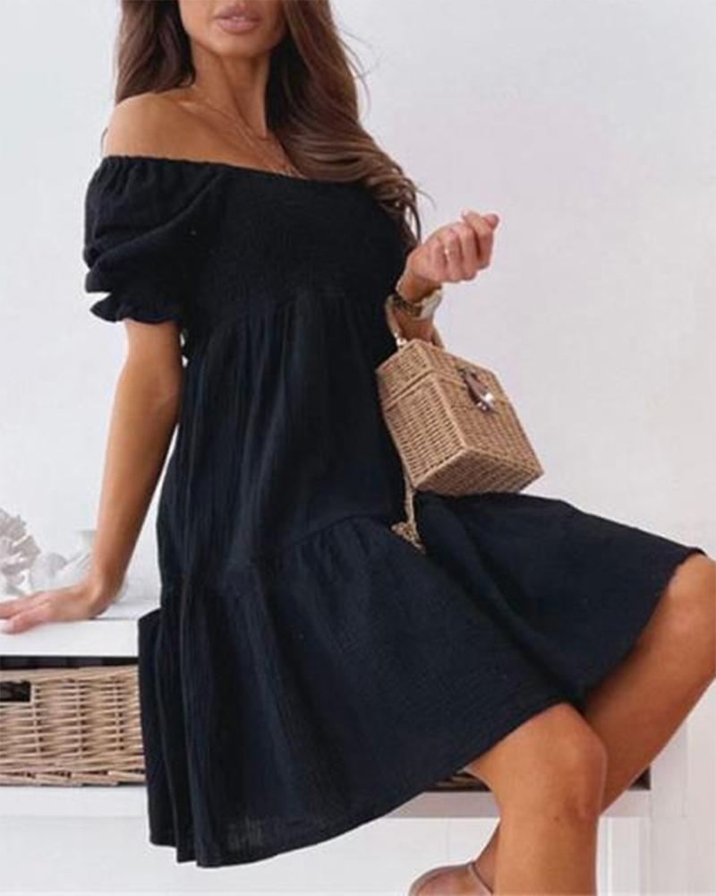 

Off Shoulder Puff Sleeve Shirred Swing Dress, Black