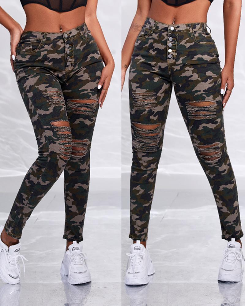 

Camo Print Button Fly Cutout Ripped Skinny Jeans, Camoflage