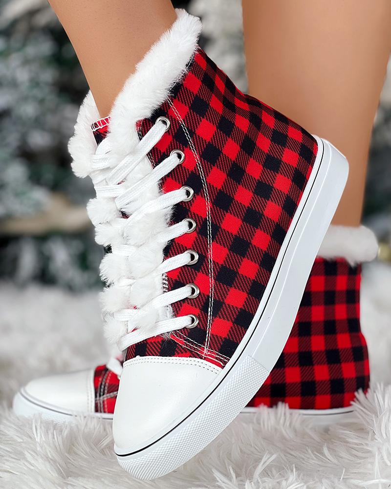 

Plaid Print Fuzzy Detail Lined Ankle Boots, Red