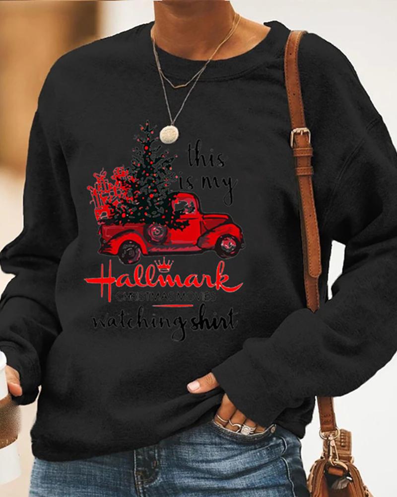 

Christmas Letter Car Print Long Sleeve Casual Sweatshirt, Black
