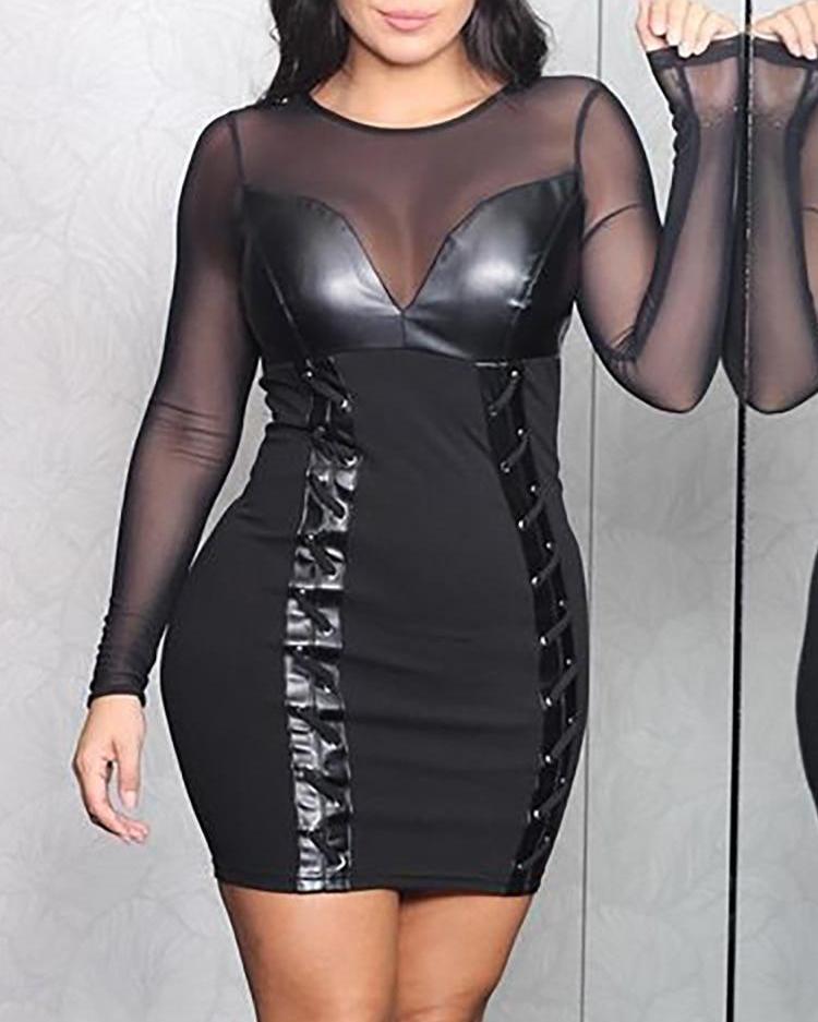 

Mesh Insert Lace-Up Bodycon Dress, Black