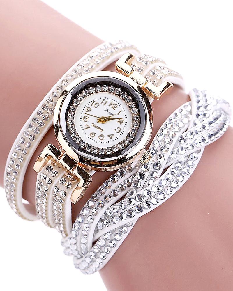 

Rhinestone Decor Twine Quartz Wrist Watch & Bracelet Set, White