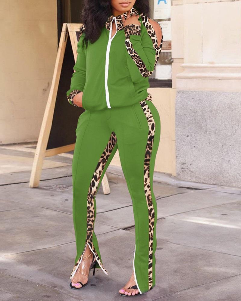 

Contrast Leopard Zip Detail Cold Shoulder Top & Pants Set, Green