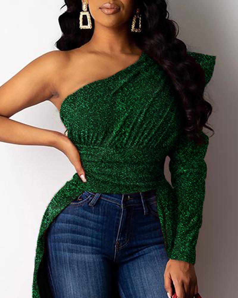 one shoulder dip hem tops