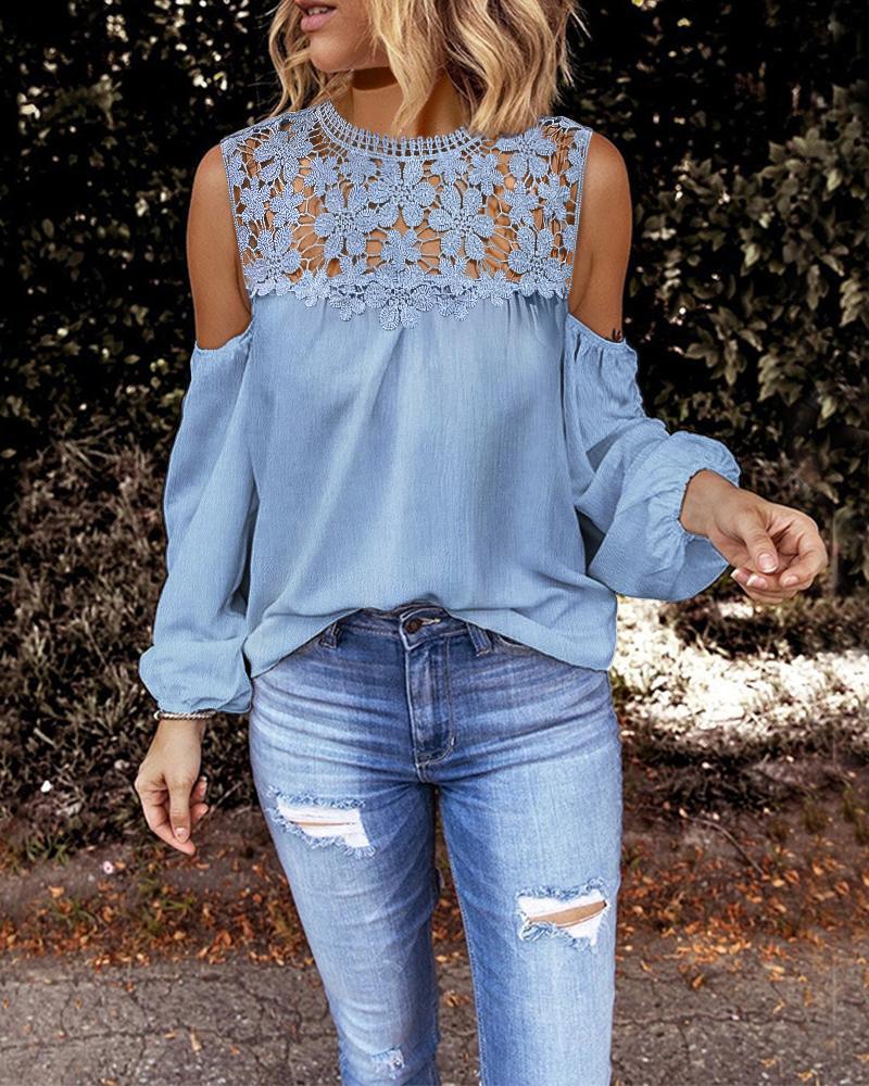 

Contrast Lace Cold Shoulder Top, Blue