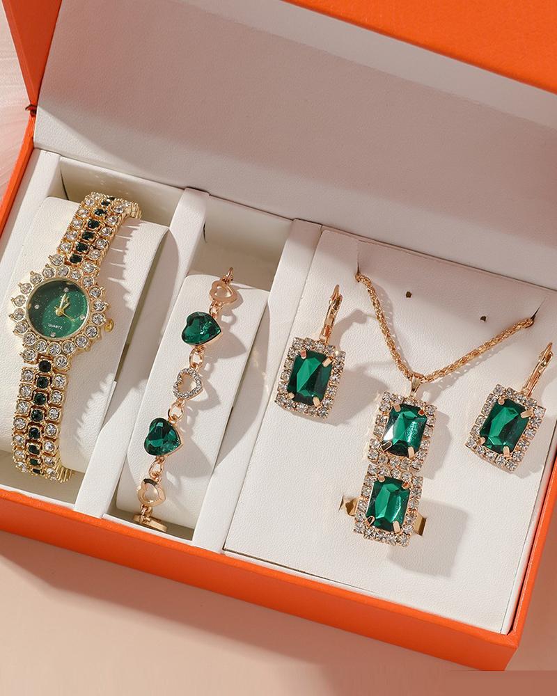 

5pcs Crystal Stone Rhinestone Decor Quartz Watch & Heart Bracelet & Geometric Drop Earrings & Necklace & Ring Jewelry Gifts Set, Green