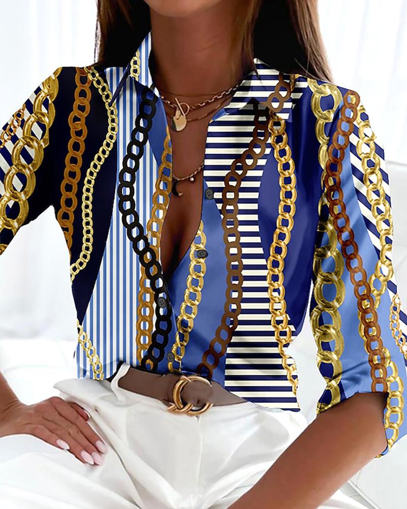 

Chain Print Striped Roll Up Sleeve Button Down Shirt, Blue