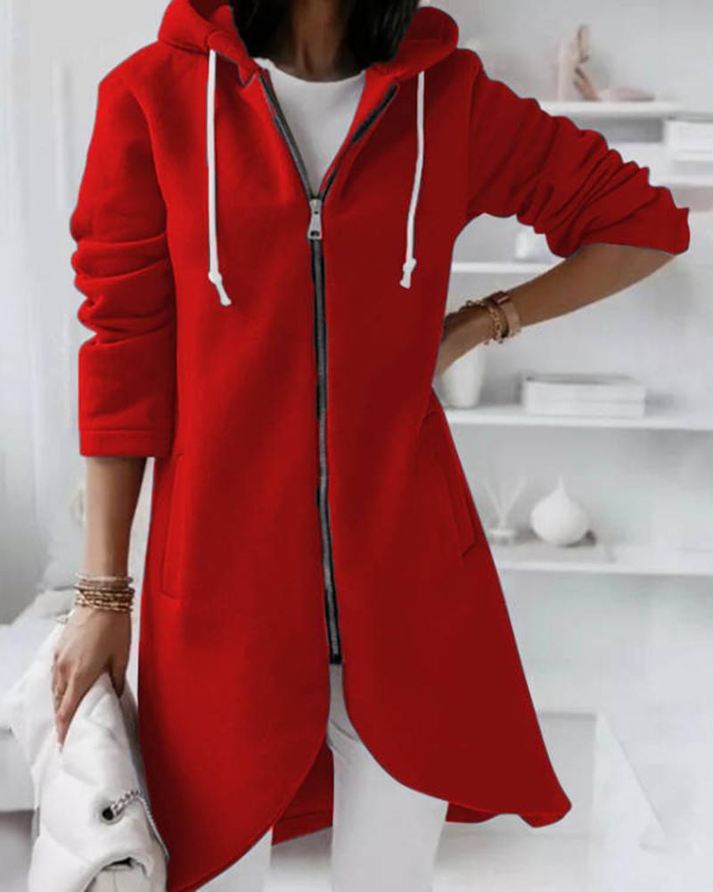 

Long Sleeve Zip Up Hooded Coat, Red