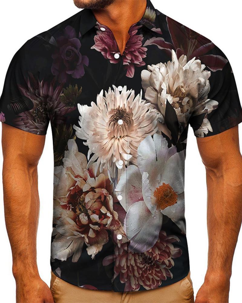 

3D Floral Print Short Sleeve Button-up Shirts, Multicolor