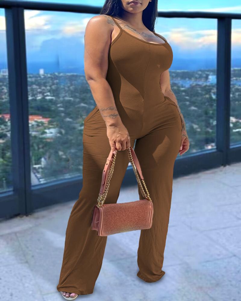 

Plus Size Spaghetti Strap Scoop Neck Pocket Design Jumpsuit, Coffee