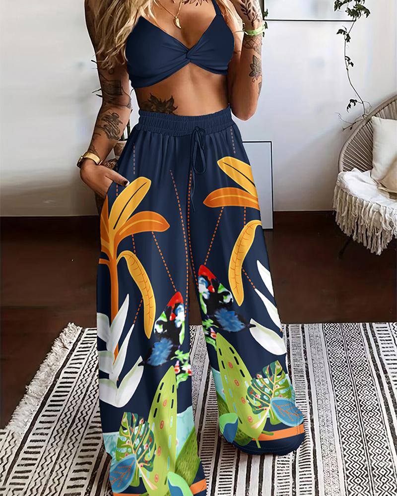 

Floral Print Twisted Crop Top & Wide Leg Pants Set, Purplish blue