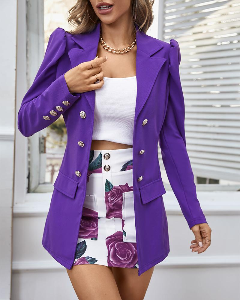 

Puff Sleeve Double Breasted Blazer & Floral Print Skirt Set, Purple