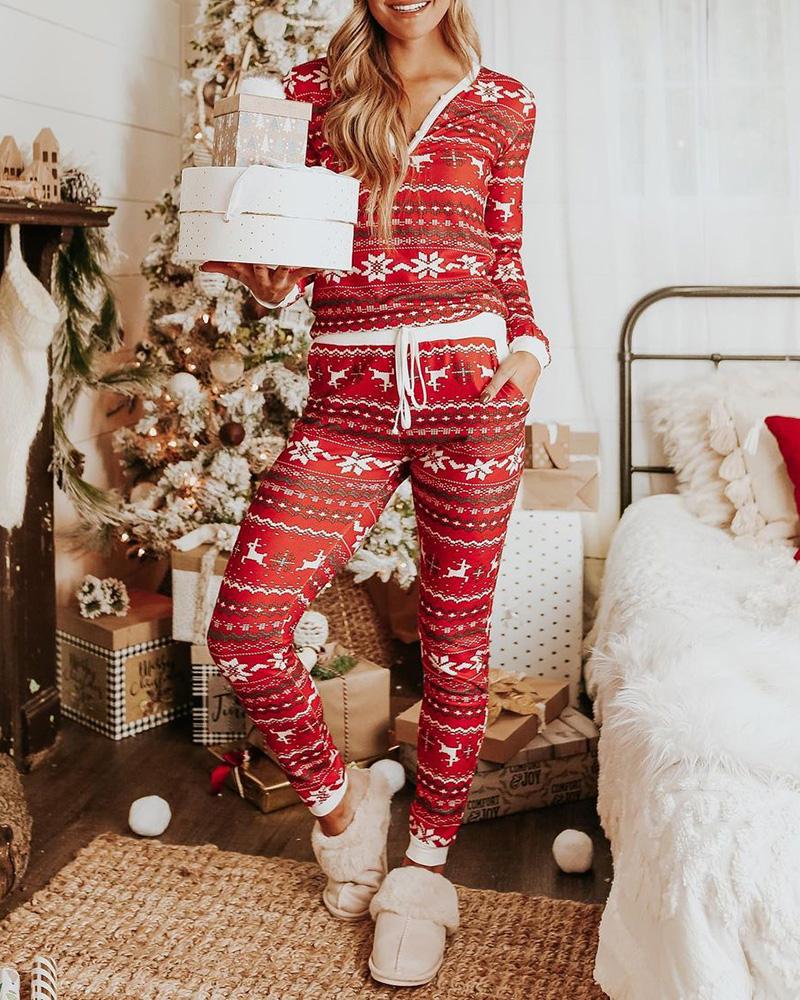 

Christmas Deer Snowflake Print Drawstring Pajamas Set, Red
