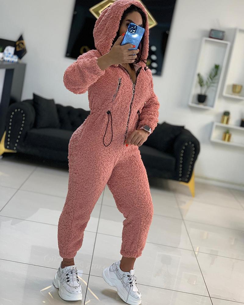 

Fluffy Zipper Design Hooded Jumpsuit, Pink