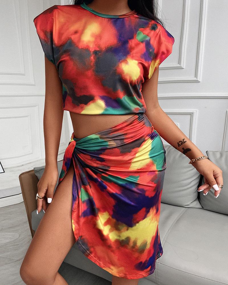 

Tie Dye Print Tank Top & Twisted Skirt Set, Multicolor
