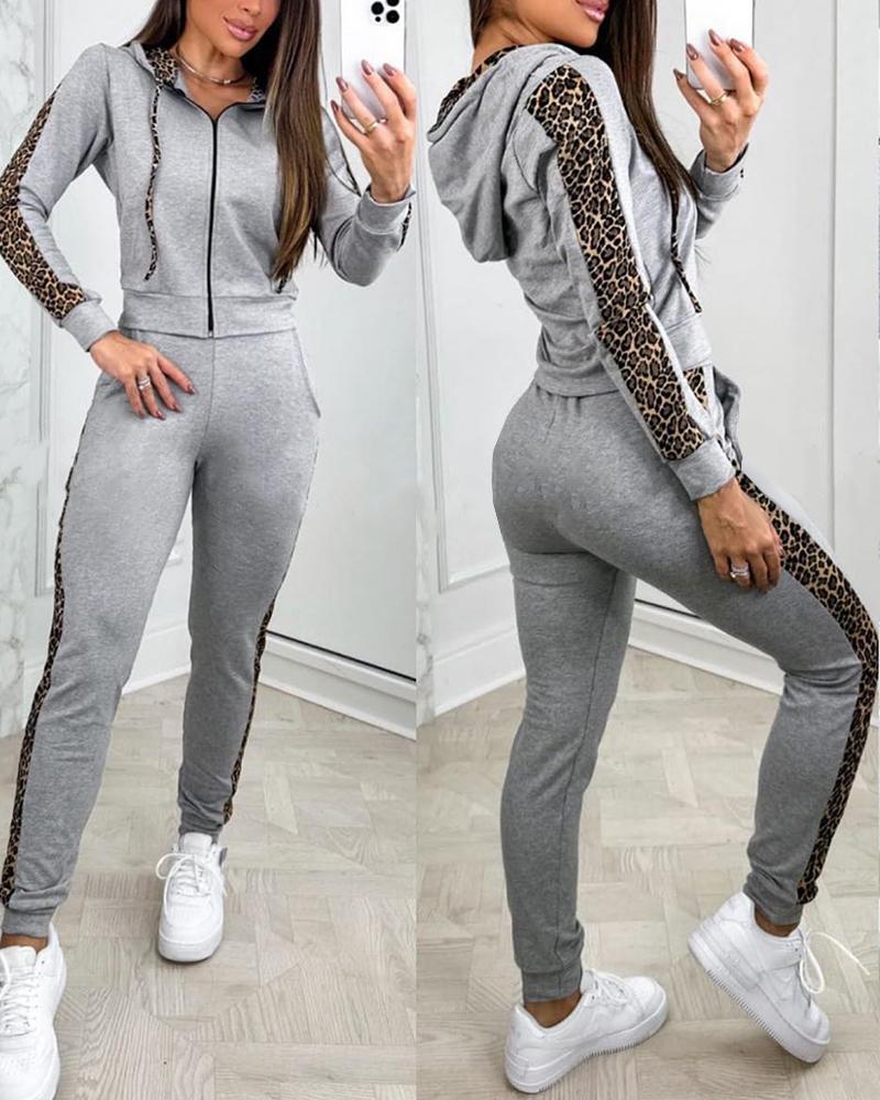 

Leopard Print Hooded Top & Pants Set, Gray