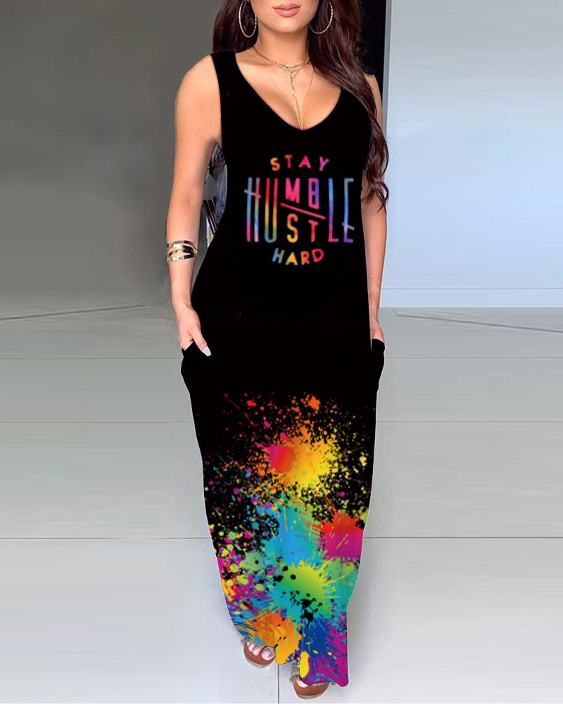 

Letter Print Splicing Ink Splash Sling Casual Maxi Dress, Black