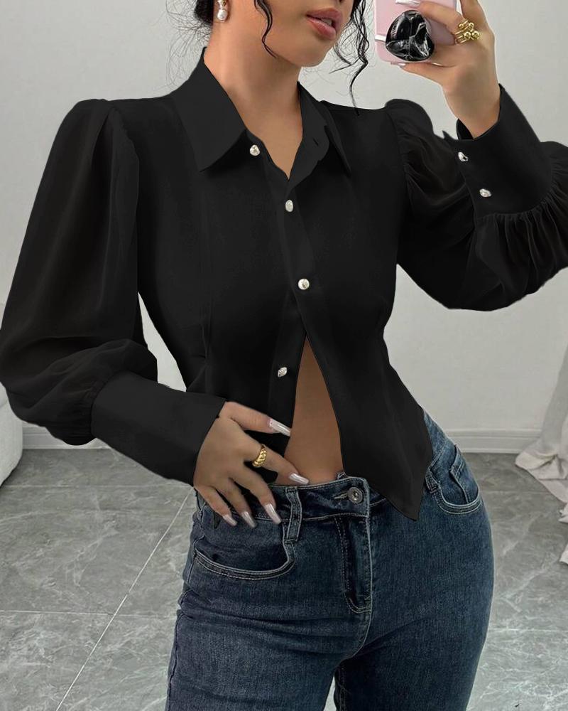 

Blusa casual com decote em V e manga lanterna, cintura marcada e decoração com miçangas, Black