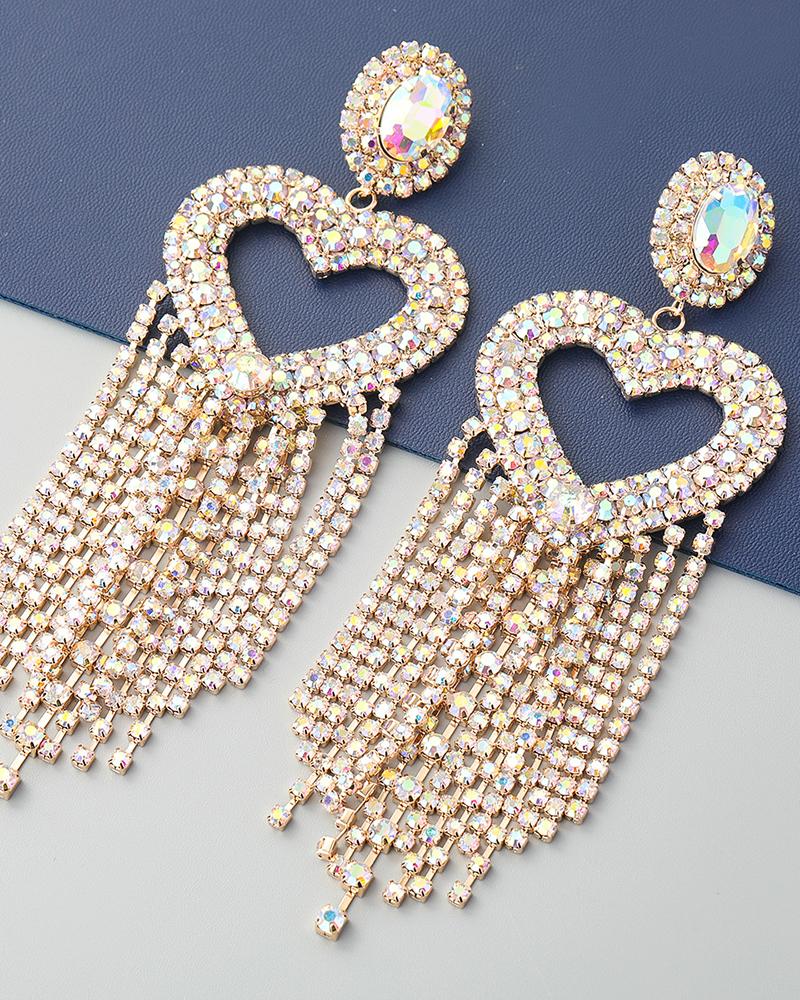 

1Pair Heart Pattern Rhinestone Tassel Rhinestone Drop Earrings, Gold