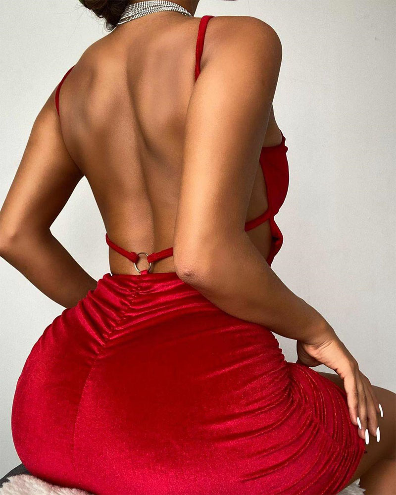 

Velvet O-Ring Link Backless Cami Bodycon Dress, Red