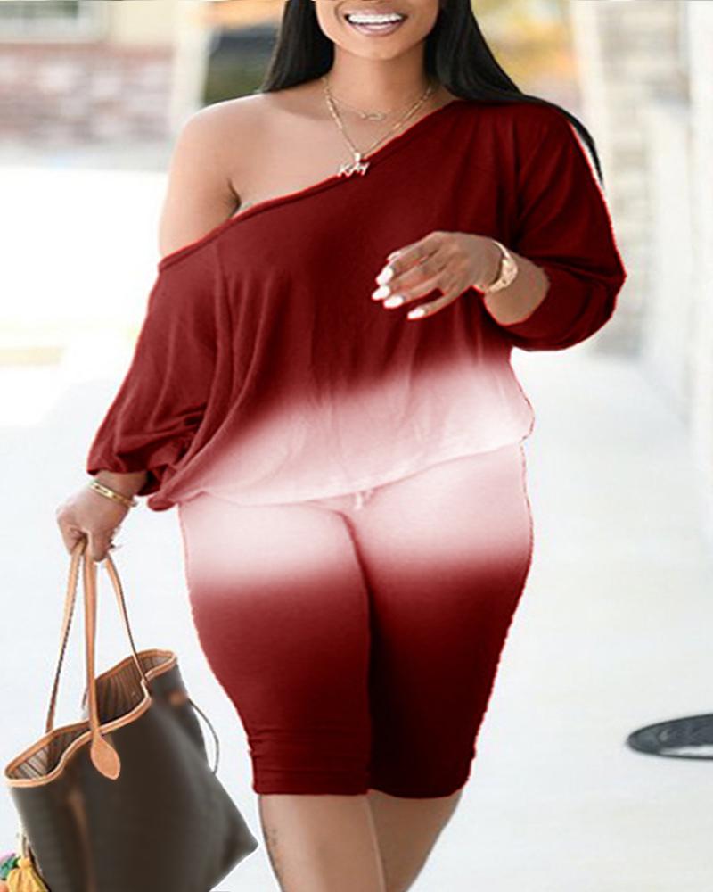 

Plus Size Ombre Print Top & Capris Pants Set, Wine red