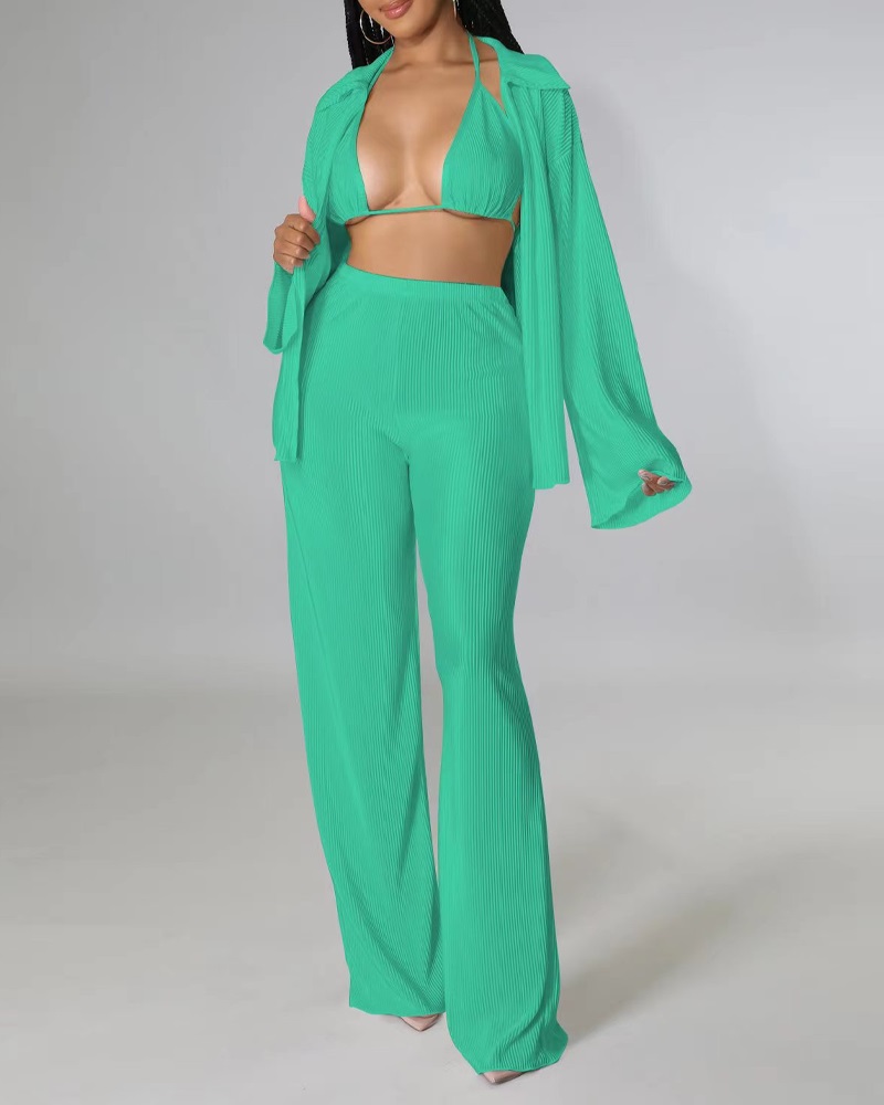 

3PCS Long Sleeve Shirt & High Waist Pants Set With Bra Top, Green