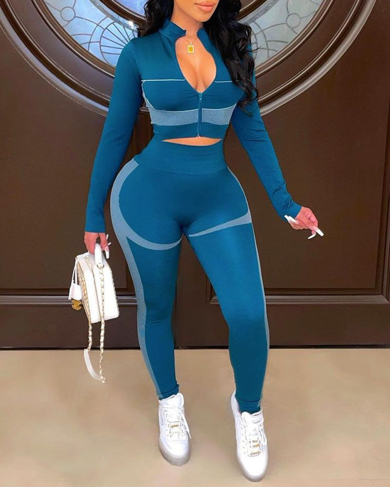 

Ribbed Zipper Design Coat & High Waist Pants Set, Blue