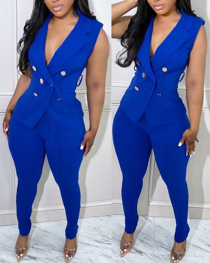 

Double Breasted Sleeveless Blazer Coat & Pants Sets, Blue