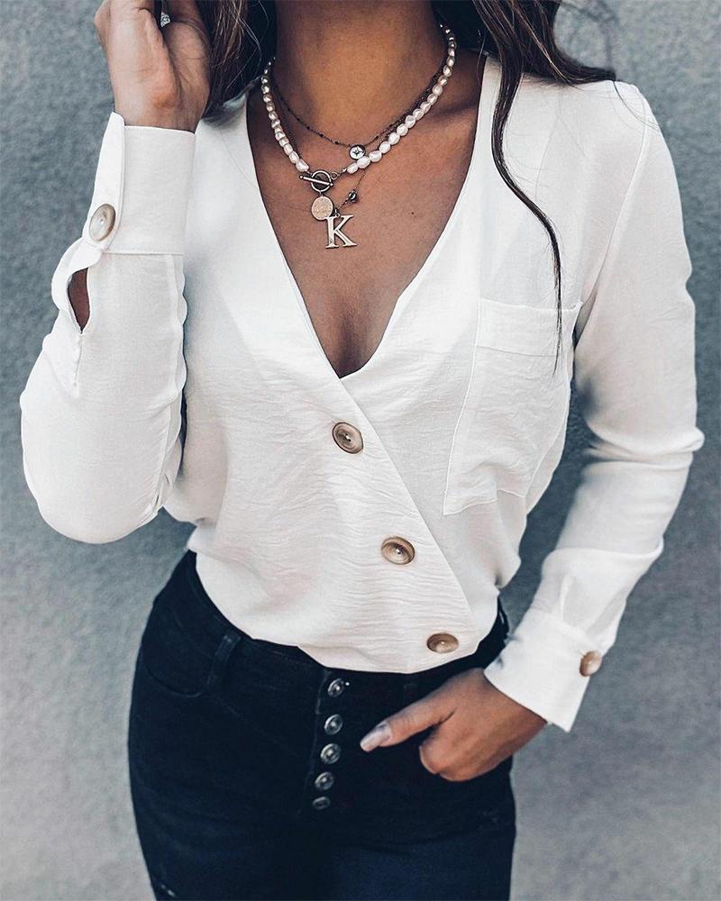 

V-Neck Button Detail Patch Pocket Top, White