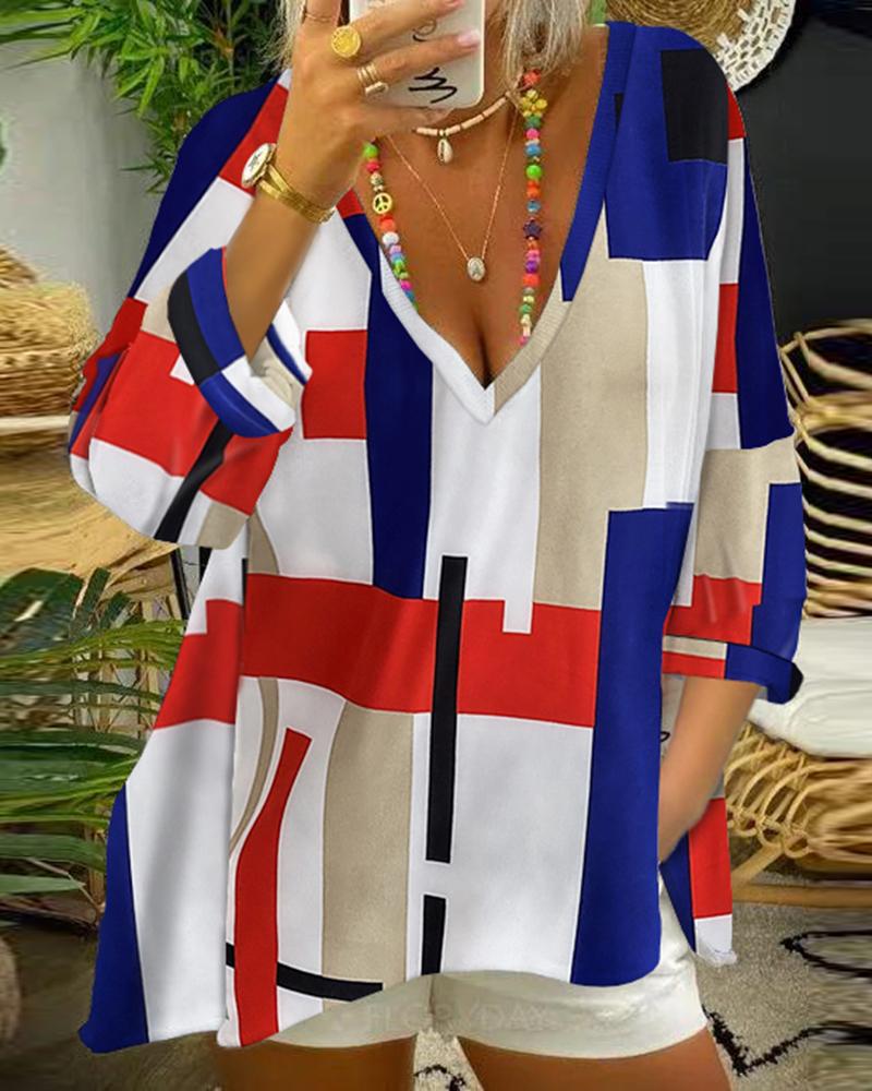 

Graphic Print V-neck Three-quarter Sleeve Blouse, Multicolor