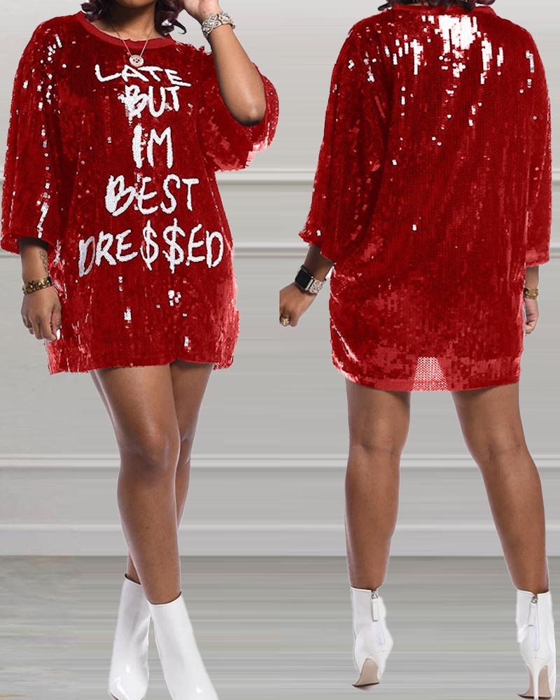 

Letter Pattern Allover Sequin Dress, Red